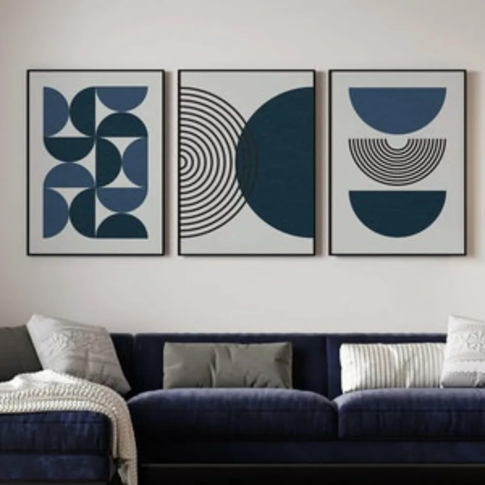 MAIMANG Mid Century, nowoczesny zestaw 3 plakatów ściennych w stylu boho, styl boho, niebieski (40 x 60 cm x 3/ramka wewnętrzna)