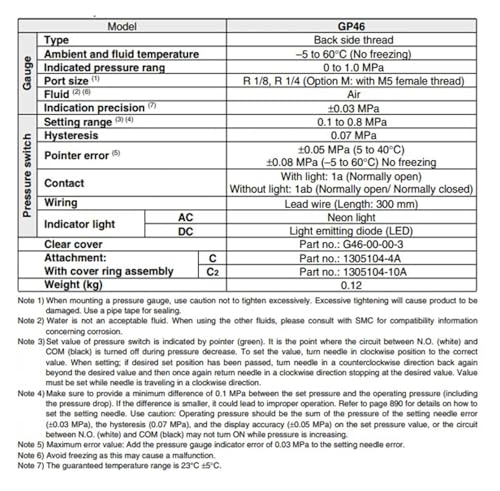 Manomètre avec interrupteur pneumatique GP46-10-02-C pour automates