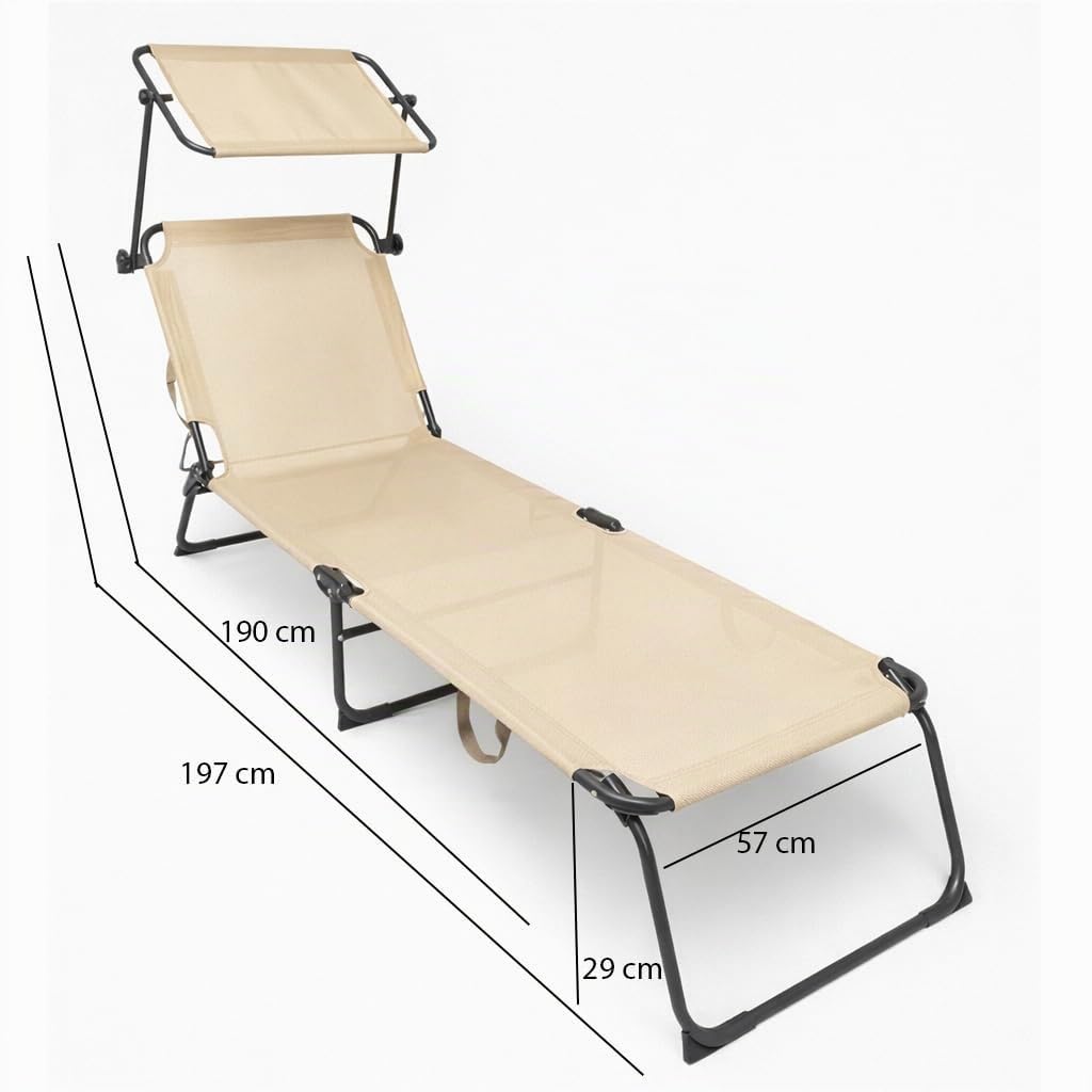 Lettino Prendisole Pieghevole con Parasole Regolabile, Brandina da Giardino e Spiaggia in Textilene Traspirante e Acciaio Verniciato, 4 Posizioni, Salvaspazio con Maniglia (1, Beige)
