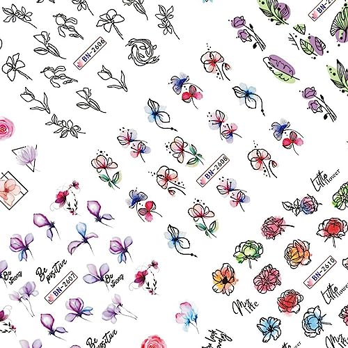 Geometry Line Flower Leaf Nail Art Stickers 12PCS Water Transfer Nail Decals Graffiti Painted Colorful Slider Sticker Floral Pastel Plant Sliders Acrylic Nail Sticker for Women Girls DIY Manicure - Image 7