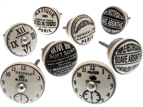 Mango Tree - Lot de 8 boutons de placard en céramique style vintage noir et blanc (MG-314)