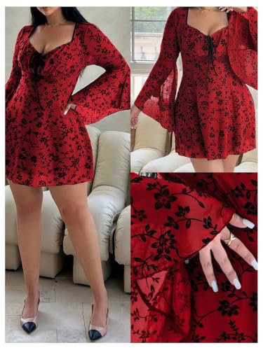 Image of Floerns Women's Plus Size Floral Gothic Dress Flare Long Sleeve Mesh Grunge A Line Dress