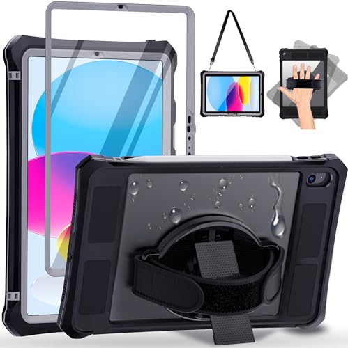 Waterproof Case for iPad(A16) 11th Generation 11 inch 2025/10th Generation 10.9 Inch 2022 Case with Screen Protector with Pencil Holder & Stand & Shoulder Strap & Handle Full-Body Rugged Cover Black