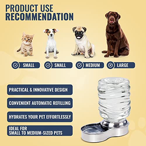 Bundaloo Dog Water Bowl Dispenser - Automatic Slow Refilling System Keeps Stainless Steel Drinking Dish Filled - Refillable 3 Liter Bottle, Non-Skid Feet - Clean, Safe, & Fresh Drink For Pet Dogs #TOP3