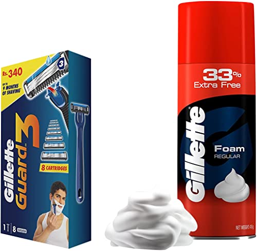 Image of Gillette Guard 3 Single Razor With 8 Blades Pack & Classic Regular Pre Shave Foam, 418 Gram With 33% Extra Free