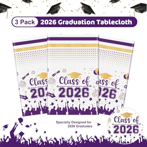 Image of Graduation Decorations Class of 2026 Tablecloth - 3 Pcs Plastic Congrats Grad Table Cloth, Graduation Table Cover for Graduations Party Decorations 2026 and Party Supplies, 54 inchx108 inch (Purple and Gold)