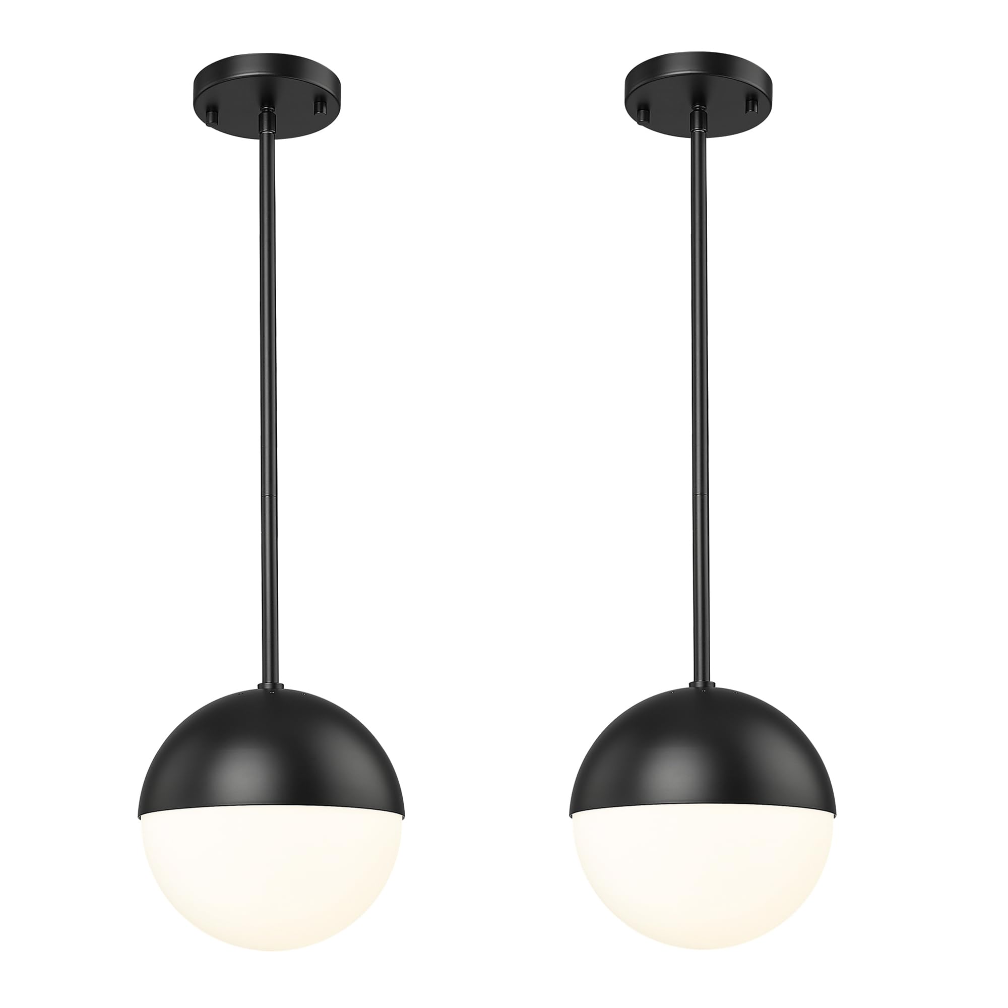 lms 2 pack mid century pendant lights, matte black kitchen island light fixtures with white globe glass shade, adjustable hanging rod ceiling light for home office dining room bathroom, lms-186bk2pk