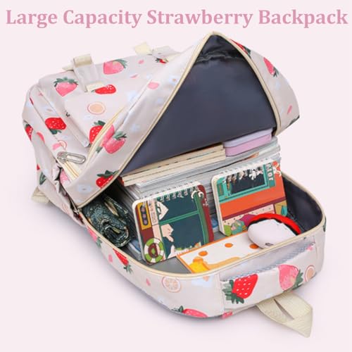 3Pcs Set Cute Strawberry Backpack for Girls, Large Capacity Nylon Rucksack Daypack with Strawberry Pattern (Beige)2