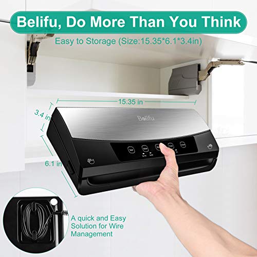 Belifu Vacuum Sealer Machine, Automatic Vacuum Air Sealing System For Food Savers with Starter Kit, Compact Design, Dry & Moist Food Modes, Built-in Cutter, LED Indicator Lights, Compact Design for Sous Vide and Food Storage (Stainless Steel)