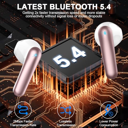Image of Wireless Earbuds, Bluetooth 5.4 Headphones 50H Playback Bass Stereo Ear Buds with 4 ENC Cancelling Mics, in-Ear Earphones with LED Display, IP7 Waterproof USB-C for Laptop Pad Phones Workout Rose Gold