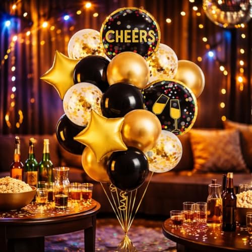 Image of Wanna Party Cheers Party Balloon Decoration Set Pack of 16 | Black & Gold Foil Balloons with 12 Inch Latex Balloons for Birthday, Anniversary, New Year Decor
