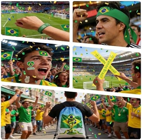 KINFAVOU 2026 World Cup Brazil Soccer Fan Gear Set, 7-Piece Drawstring Backpack Decoration & Storage Set for World Cup & Patriotic Holidays - 5