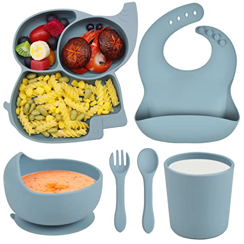 Domueay Bébé Assiette avec Ventouse Bol Fourche Cuillère Bavoir et Tasse,Ensemble de 6 Pièces Antiderapant Assiette, Silicone Vaisselle Set sans BPA, Convient aux Bébés Qui Mangent Seuls,Bleu Cover