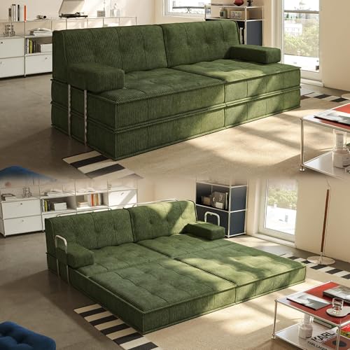 Wumagin Sofá cama 6 en 1 de 160 x 100 cm, colchón plegable de 200 x 160 cm con marco fijo, cómodo futón plegable, sofá de invitados de 4 plazas, sofá modular para salón (verde)