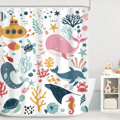 Mitpok Kids Shower Curtain Ocean Summer Cute Cartoon Whale Funny Kid Bathroom Decor for Nursery Boys Girls Underwater Coastal Submarine Fish Animal 60Wx72H Bath Curtain Fabric Polyester 12 Pack Hooks