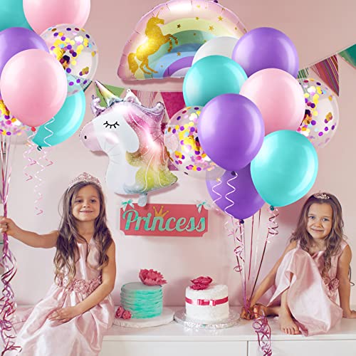 Image of Zhanmai 36 Pcs Unicorn Balloons Birthday Party Decorations Rainbow Unicorn Foil Balloon Large Purple Pink Latex Confetti Balloons for Wedding Baby Shower Birthday Party Supplies