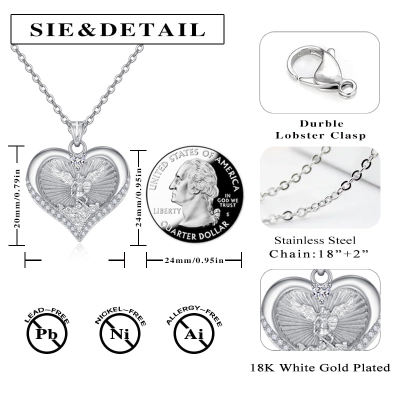 HeartMelody St Michael Necklace Birthday Gifts For Women Mom,18K White Gold Plated Sant Michael Medal Heart Pendant Necklaces Catholic Jewelry Anniversary Present for Wife, Her3