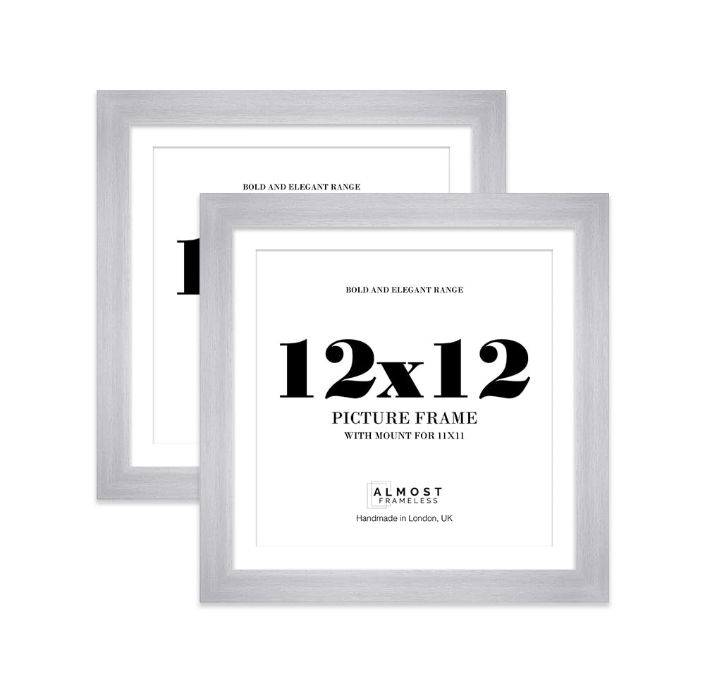 12x12" Silver Square Frame With Mount for 11x11" Pictures 28mm Edge Frame Display with Wall Hooks and Kickstand, 2 Pack