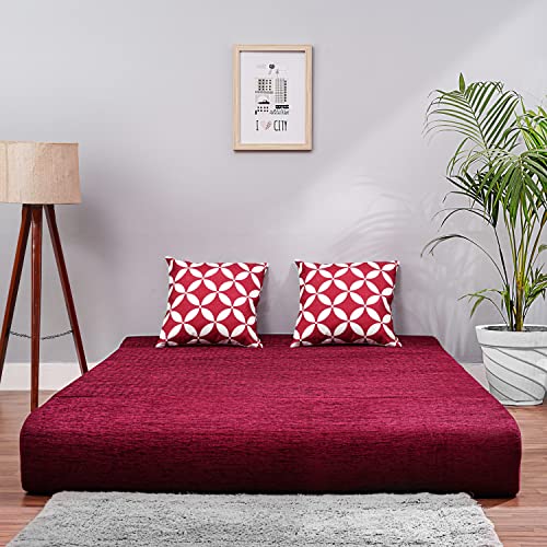 Image of Convertible Fabric Sofa Cum Bed | Foldable Double Foam & Washable Cover with Cushions | Modern Design Use Living Room & Guest Room (Maroon-Multi-Star, 4X6 Ft)