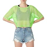 Neon Netzoberteil Damen Tops 80er Jahre Outfit Netzshirt Damen Vintage Grün 80er 90er Jahre Kleidung Mottoparty T-Shirt Neon Accessoires für Halloween Cosplay Disco Partys Geburtstag