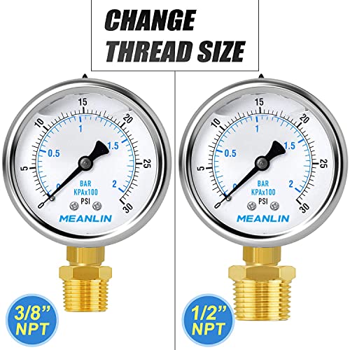 Meanlin Measure 0~30Psi Stainless Steel 1/4" Npt 2.5" Face Dial Liquid Filled Pressure Gauge Wog Water Oil Gas Lower Mount, With 1/4" X 1/2" Npt And 1/4" X 3/8" Npt Hex Bushing #TOP2