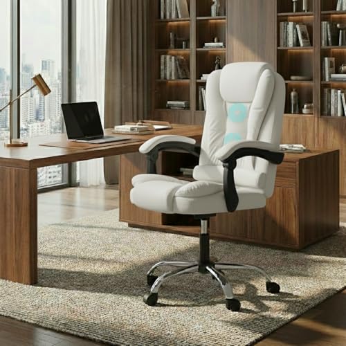 Image of Casa Copenhagen Italia Premium Leatherette Office Chair for Work | Boss Chair, Ergonomic Executive, Luxurious Cushioned Arms & Seat, 2 Point Back Massager, Heavy Duty Metal Base (White)