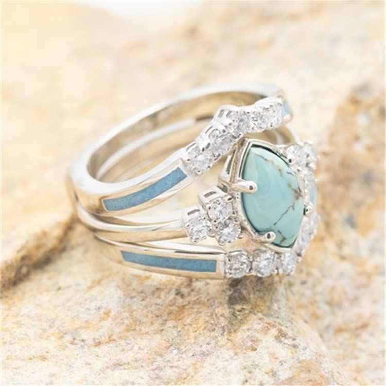 Pingyongchang 3 PCS Ring Set Natural Turquoise Diamond Rings Turquoise Gold Color Rings for Women Turquoise Jewelry Sparkling Natural Gemstone