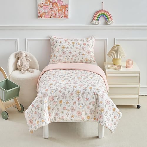 DuShow Pink Floral Cot Bed Duvet Cover Set Toddler Bedding Sets For Girls Flower Toddler Cot Bed Duvet Cover and Pillowcase -120 x 150