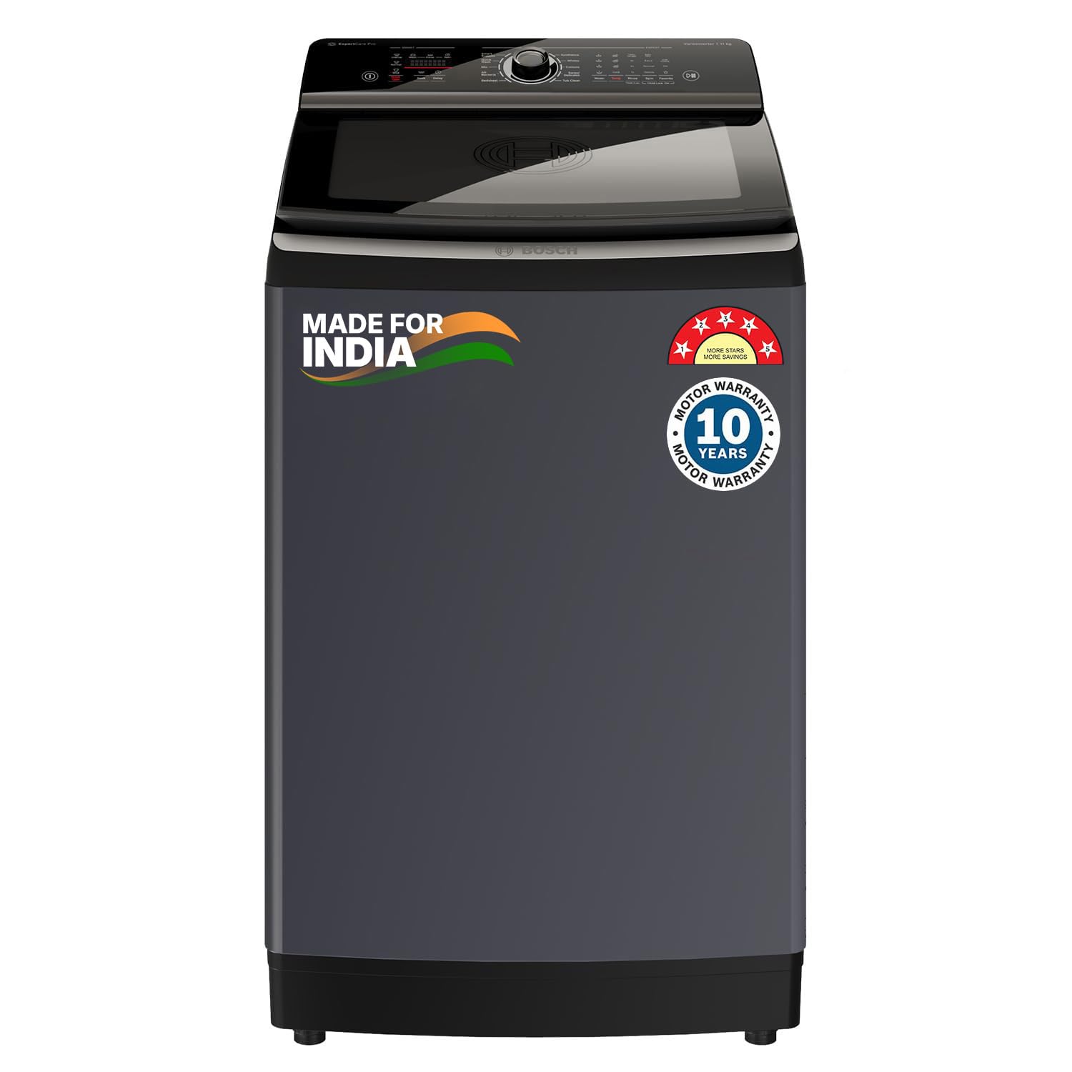 bosch 11 kg 5 star fully automatic top loading washing machine(glass lid, smart program,tempered glass with soft closing lid,unique display with knob control,dark lake,(woi115b0in)