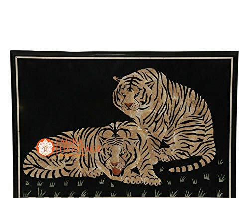 Black Marble Top Dining Living Room Table Top Tiger Inlay Handmade Design Hallway Decor