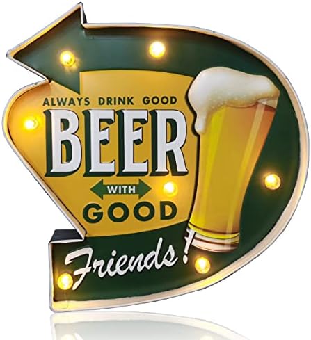 Arikit Bar Light Up Signs, Metal Wall Decorations, Retro Tin Vintage Decor Signs, Handmade Wall Art Hanging Design Light Up Sign, for Cafe, Bar, Home, Kitchen, Living Room-Battery Operated (BEER-A)