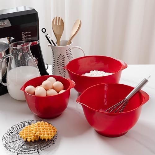 Mixing Bowls Set, 3 Piece Melamine Nesting Bowls with Pour Spout, Non-Slip Base, Great for Prepping, Baking, Mixing Cooking, BPA free and Dishwasher Safe, Red - Thumbnail 3