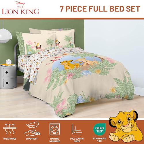 Image of Disney Lion King Simba Full Comforter Set 7 Piece Kids Bedding, Multi | Safari Animal, Bed in a Bag, Comforter Sheets Shams Pillowcases, Official Brand, Soft Microfiber, Machine Washable, Kids Gift