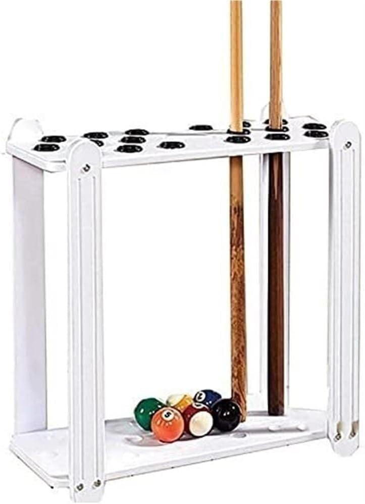 Pool Cue Holder – Wooden Billiard Cue Rack Floor Stand, Holds 18 Cues, White Finish (23.62 x 8.66 x 23.62 in)