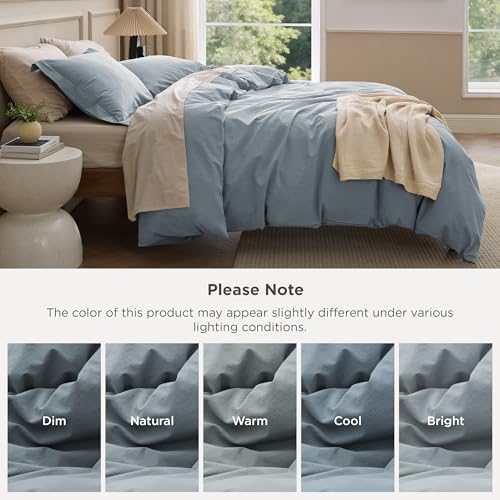 Image of Bedsure 100% Washed Cotton Duvet Cover King Size - Dusty Blue Minimalist Bedding Set Linen Like - PureWoven Plain Simple & Soft Comforter Cover for All Seasons (Dusty Blue, King, 104 inchx90 inch)