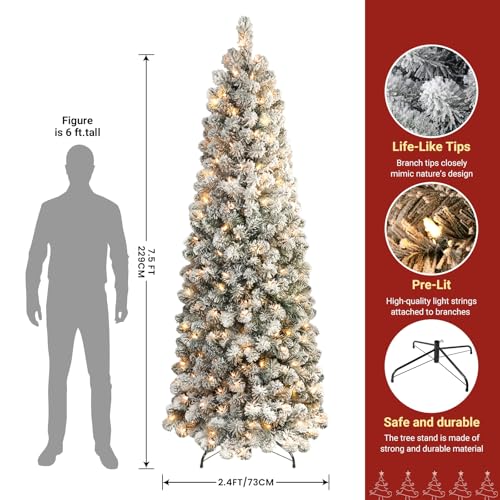 Shareconn SH-7.5FT PEN FLOCK WARMLIGHT TREE GY 7.5Ft Prelit Snow Flocked Artificial Hinged Slim Pencil Christmas Tree thumb #2
