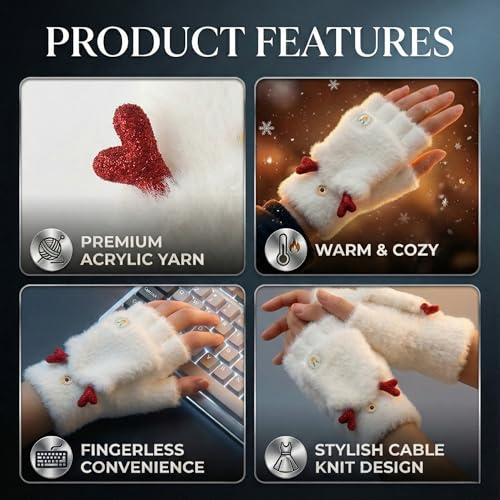 Image of Kraptick Women's Cute Reindeer Plush Convertible Fingerless Gloves - Winter Warm Fluffy Flip-Top Mittens - Korean Style Soft Hand Warmers for Girls & Ladies (Free Size, White)-3