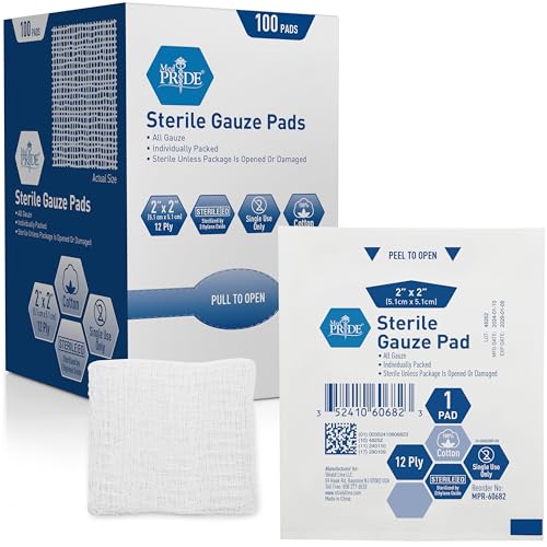 MED PRIDE Sterile Nonstick Gauze Dressing Pads 12-Ply Cotton Highly Absorbent Individually Wrapped for Wound Care and First Aid (2x2 Inch (Pack of 100))