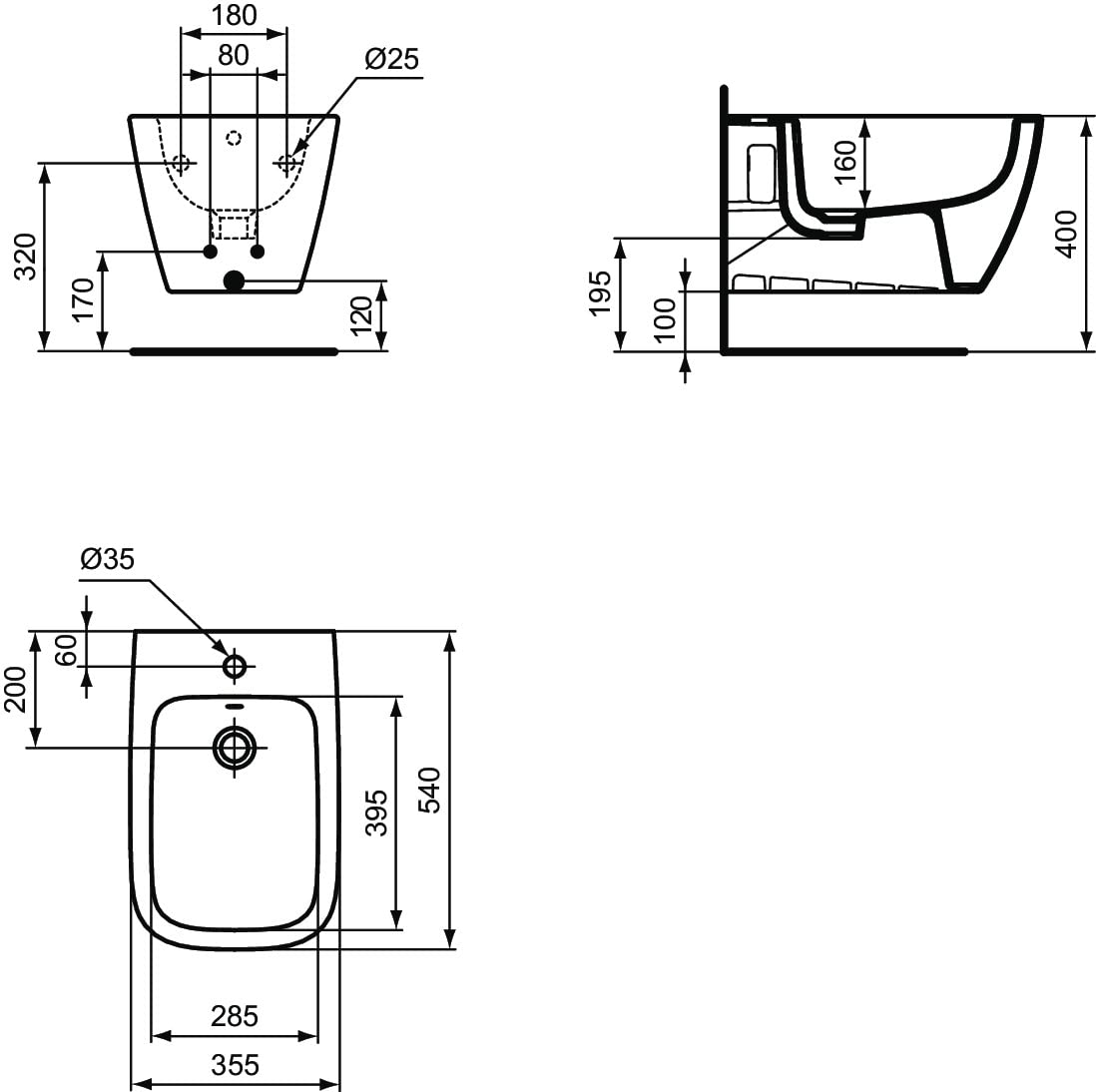 Ideal Standard - i.life B, bidé suspendido, con orificio para grifería, con orificio para desbordamiento, gris brillante