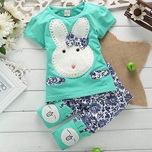 Rabbit Outfits Toddler Kids Little Girls Cute Cartoon Bunny Bow Applique T-Shirt Tops+Floral Pants Navy (Green, 18 Months)