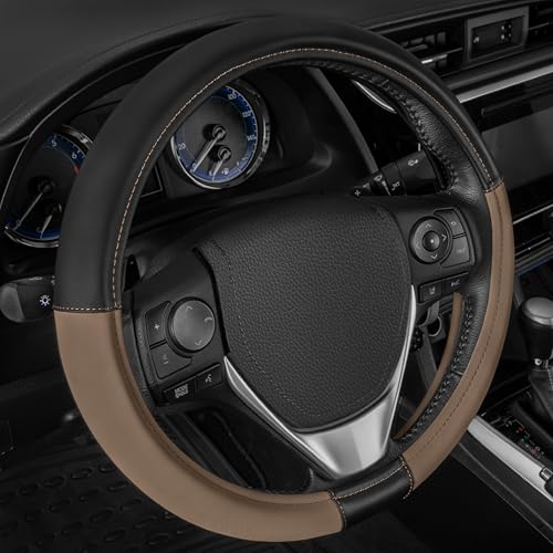 Cat® ErgoDrive Car Steering Wheel Cover with Tan Beige Grip, Black Faux Leather Steering Wheel Cover for Auto Truck Van SUV - Standard 14.5" - 15 Inches by CAT - Used condition - US$13.12