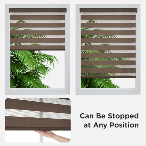 Joydeco Cordless Zebra Blinds for Windows, Dual Layer Light Control Window Blinds with Light-Proof Aluminum Cover, Free-Stop Roller Shades for Home & Office (Coffee,15" W x 48" H)