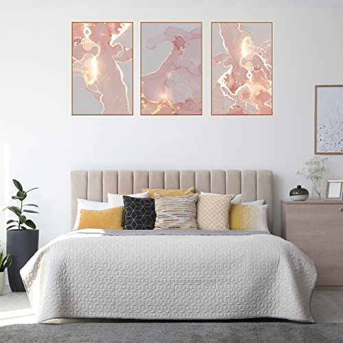 3Pcs Canvas Wall Art, Large Pink And Rose Gold Wall Decor Abstract Geometric Luxury Gold Framed Wall Painting Glitter Gold Blush Marble Big Print Artwork For Living Room Bedroom Home Decor 16X24 Inch #TOP2