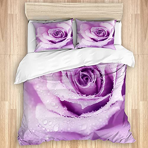 FOURFOOL Bedding Juego de Funda de Edredón,Flor Resumen Mojado Rosa Hermosa Naturaleza Detalle Belleza Macro Color Lila Rocío,Microfibra Funda de Nórdico y Fundas de Almohada-(Cama 240 x 260cm)