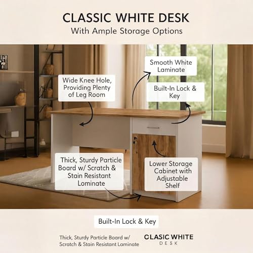 Image of FFO Wooden Computer Table with Storage - Study Desk for Students & Adults, Writing Table, Laptop Desk, Office Work Table for Home, White & Coach Wood DIY Assembly