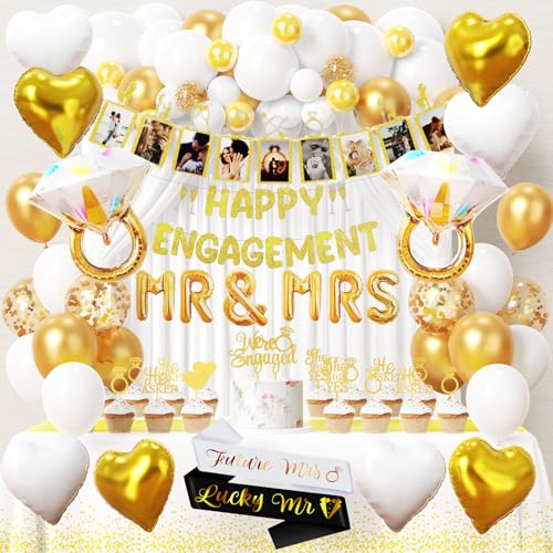 Winrayk Happy Engagement Party Decorations for Couple, White Gold Balloon Arch, Mr & Mrs Diamond Ring Heart Foil Balloon, Engaged Banner & Photo Banner, Cake Cupcake Topper, Sash, Tablecloth (114 Pcs)