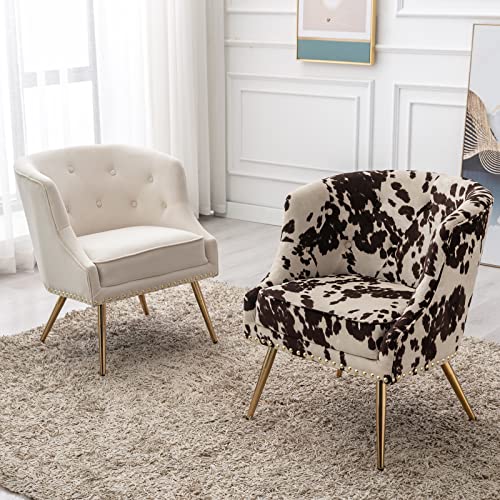 Quinjay Modern Armchair Living Room Chair, Small Tufted Linen Accent Chair For Bedroom With Upholstered Cushion, Comfy Bedroom Chair With Golden Metal Legs Nailed Decorative (Cow) #TOP5