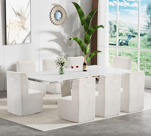 Image of 9-Piece Extendable Dining Table Set for 8, Modern 63 inch-94 inch White Marble Expandable Kitchen Table Set with 8 Furry Chairs, Large Extendable Dining Room Tables with Mirrored Columnar Base