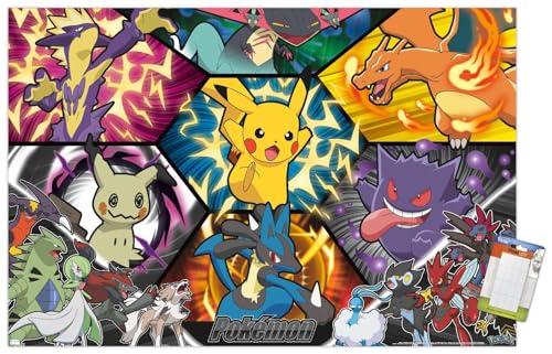 Pokémon: Battle Art - Group Wall Poster, 22.37' x 34.00', Poster & Mount Bundle