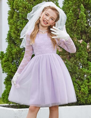 Arshiner Flower Girl Dress V Back Lace Long Sleeve Tulle Special Occasion Wedding Party Dresses4